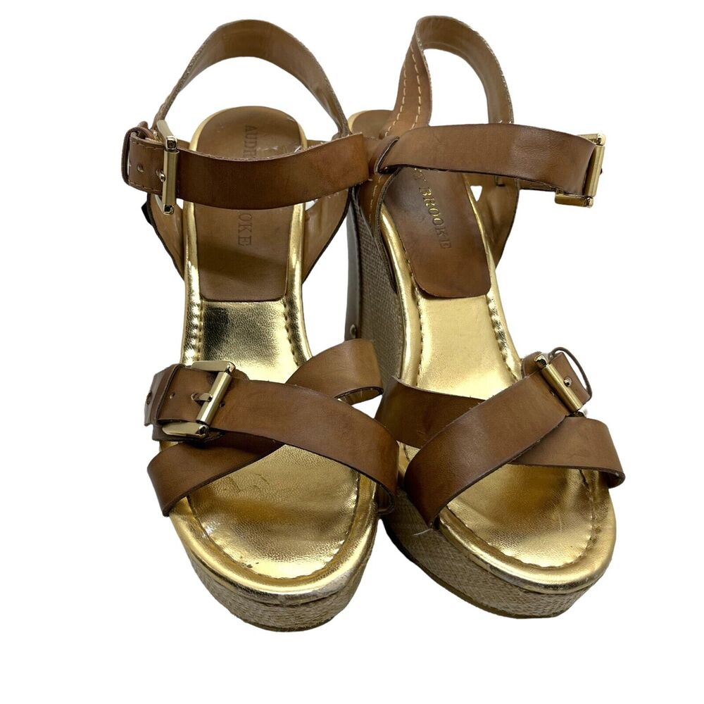 Audrey Brooke Sandals Wedge Heel Abhollie Vegan Luggage Look Straw Covered 8M - Picture 2 of 16